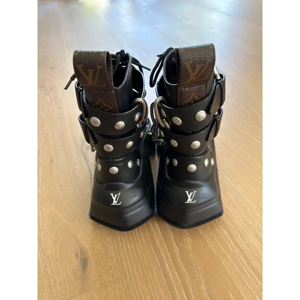 Louis Vuitton Leather Studded Accents Combat Boots w Chains Size 37 Black Silver